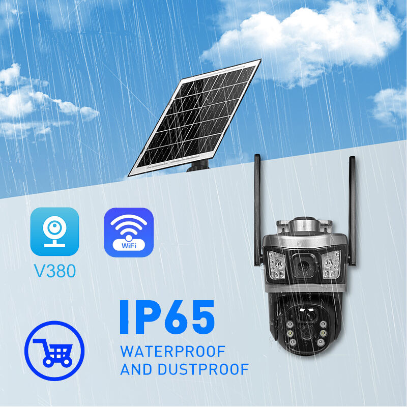กล้องพลังงานแสงอาทิตย์กลางแจ้ง V380 RV17-WiFi 3MP CMOS สองเลนส์ PTZ กันน้ำ IP65 ตรวจจับการเคลื่อนไหว มองเห็นในที่มืด รองรับการ์ดหน่วยความจำ